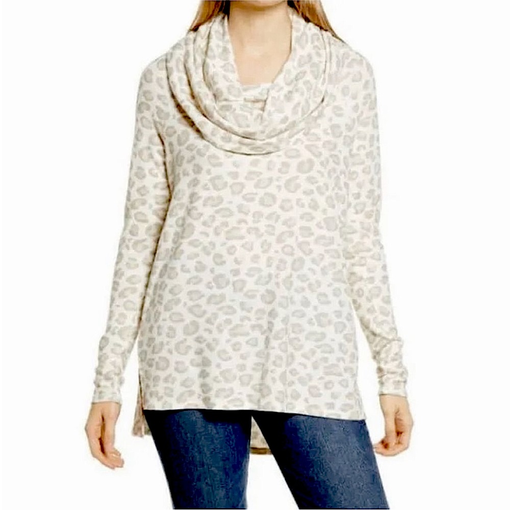 GIBSONLOOK Convertible Neckline Cozy Fleece Tunic Oatmeal Animal Medium NWT